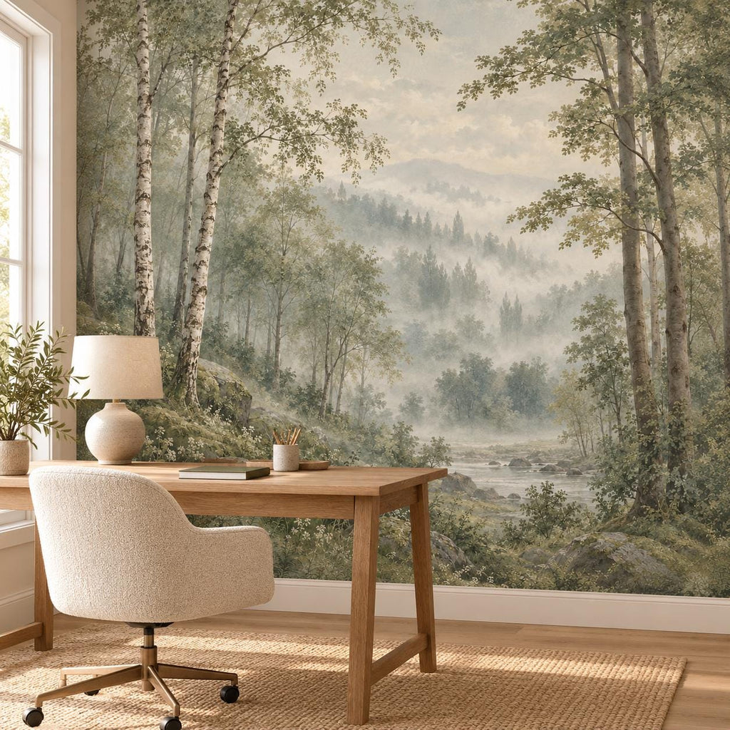 Misty Sage Forest: home office wallpaper mockup