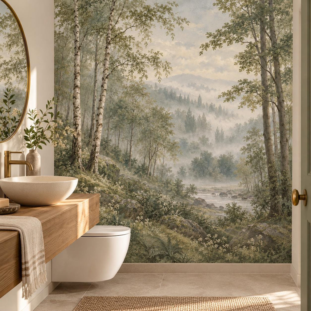 Misty Sage Forest: powder room wallpaper mockup