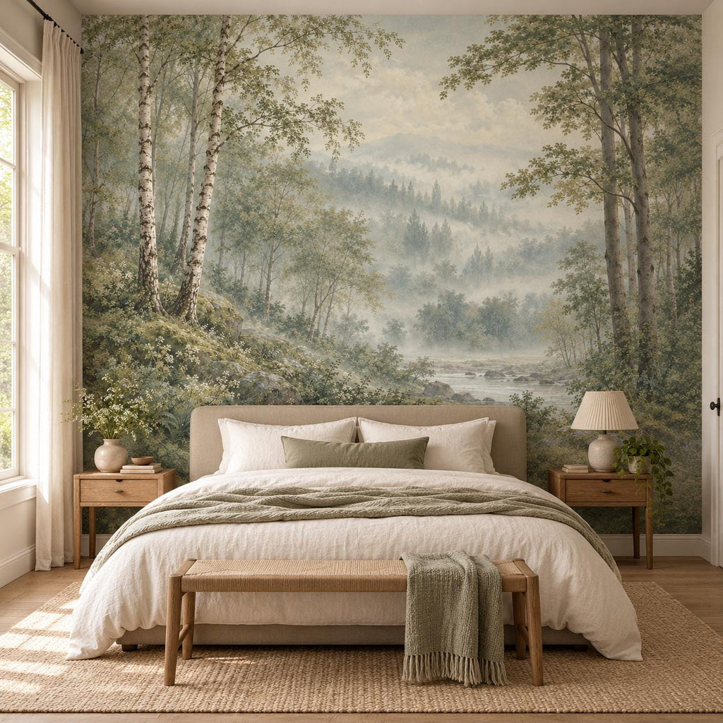 Misty Sage Forest: guest room wallpaper mockup