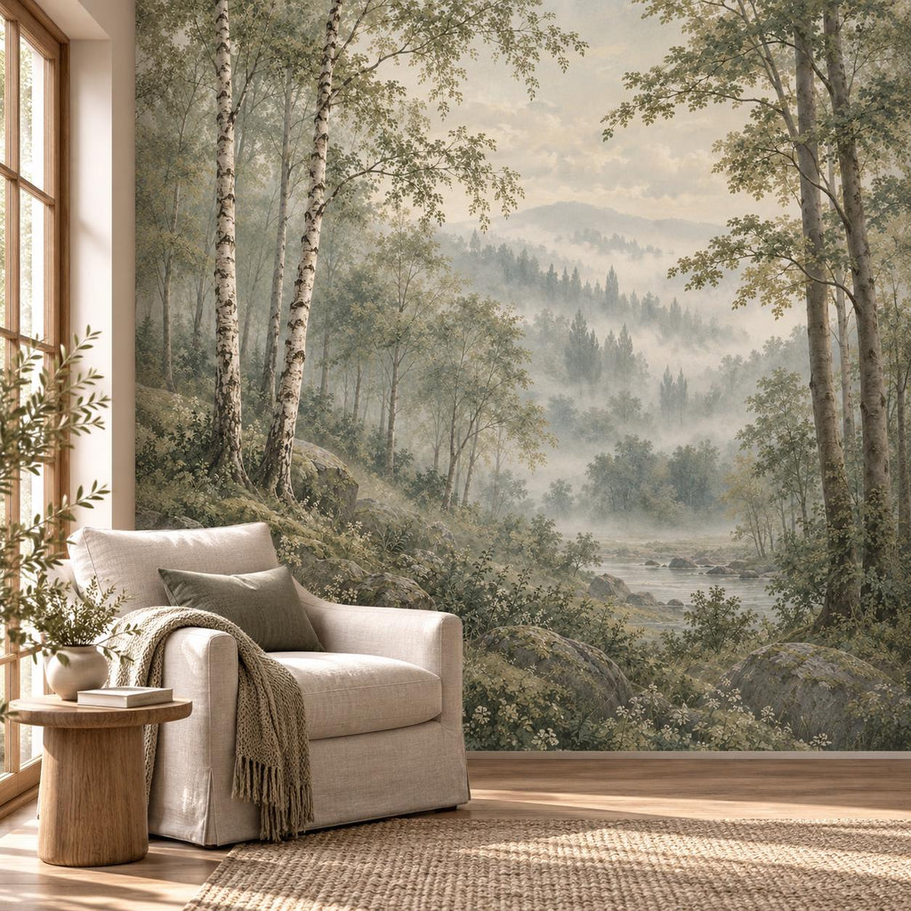 Misty Sage Forest: reading nook wallpaper mockup