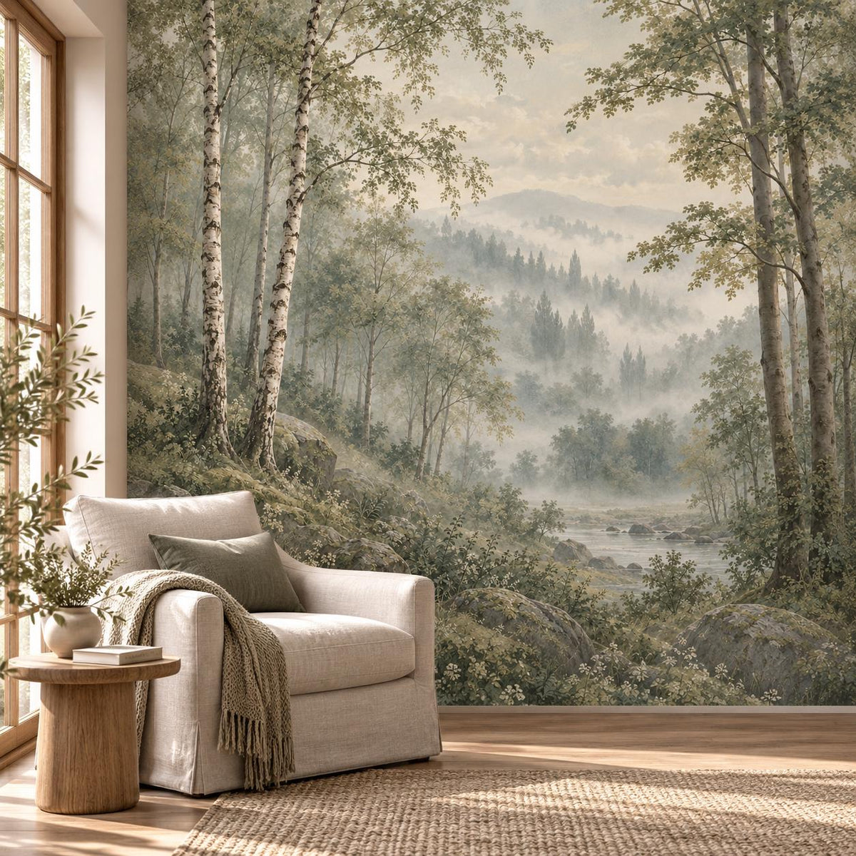 Misty Sage Forest: reading nook wallpaper mockup