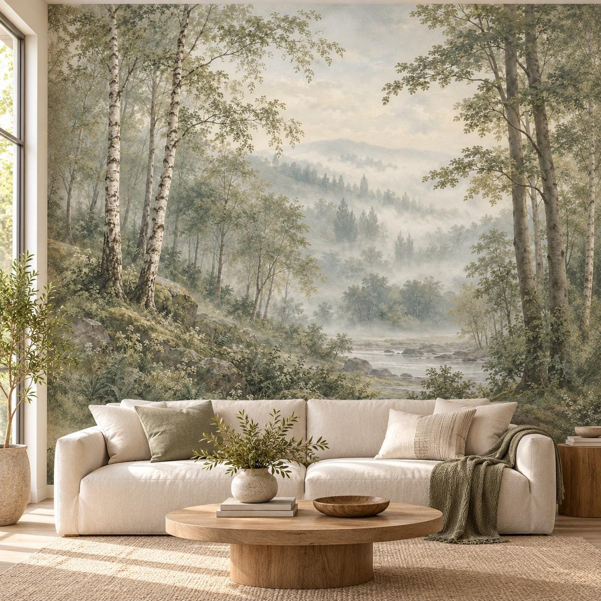 Misty Sage Forest: cover living room wallpaper mockup