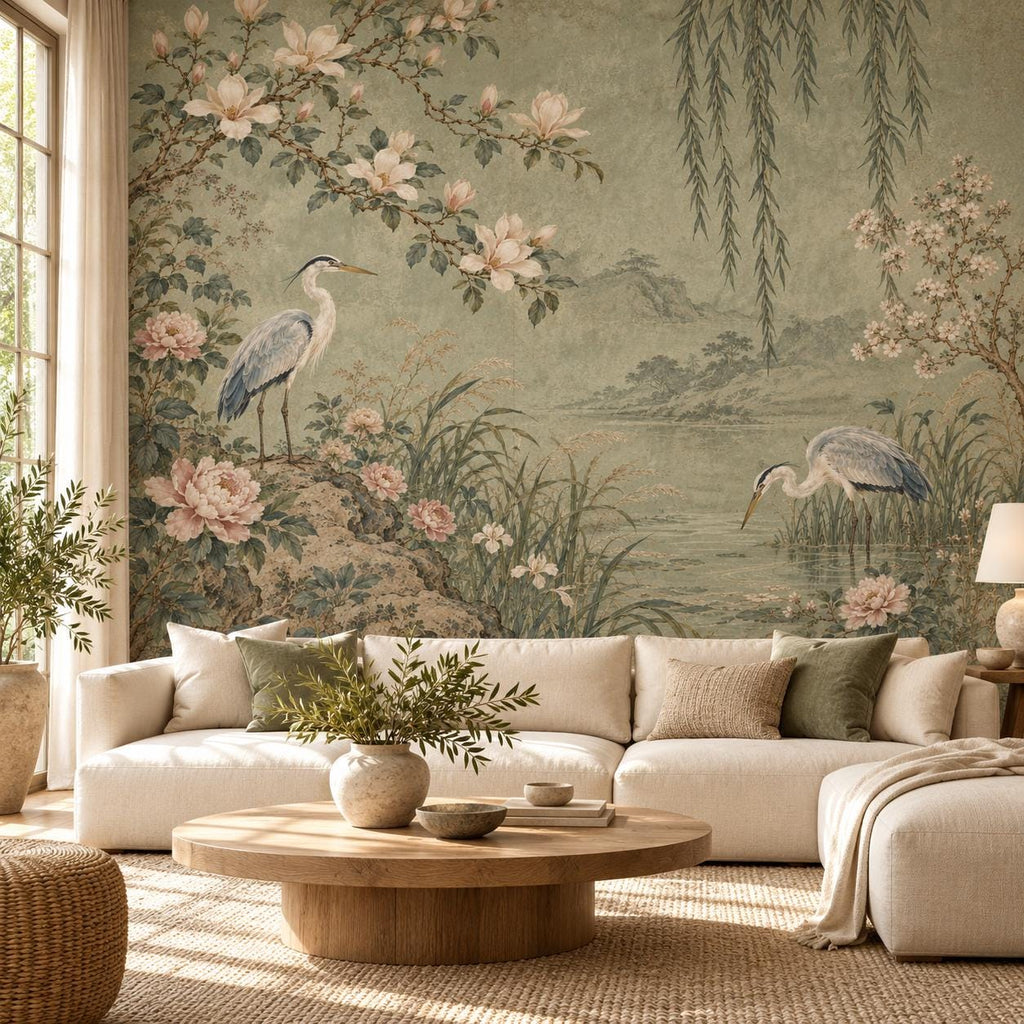 Sage Chinoiserie: cover living room wallpaper mockup