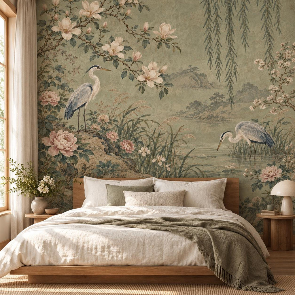Sage Chinoiserie: bedroom wallpaper mockup