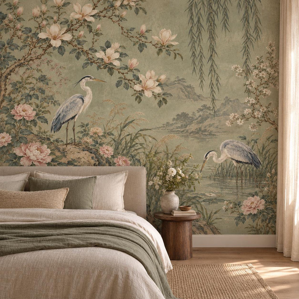 Sage Chinoiserie: guest room wallpaper mockup