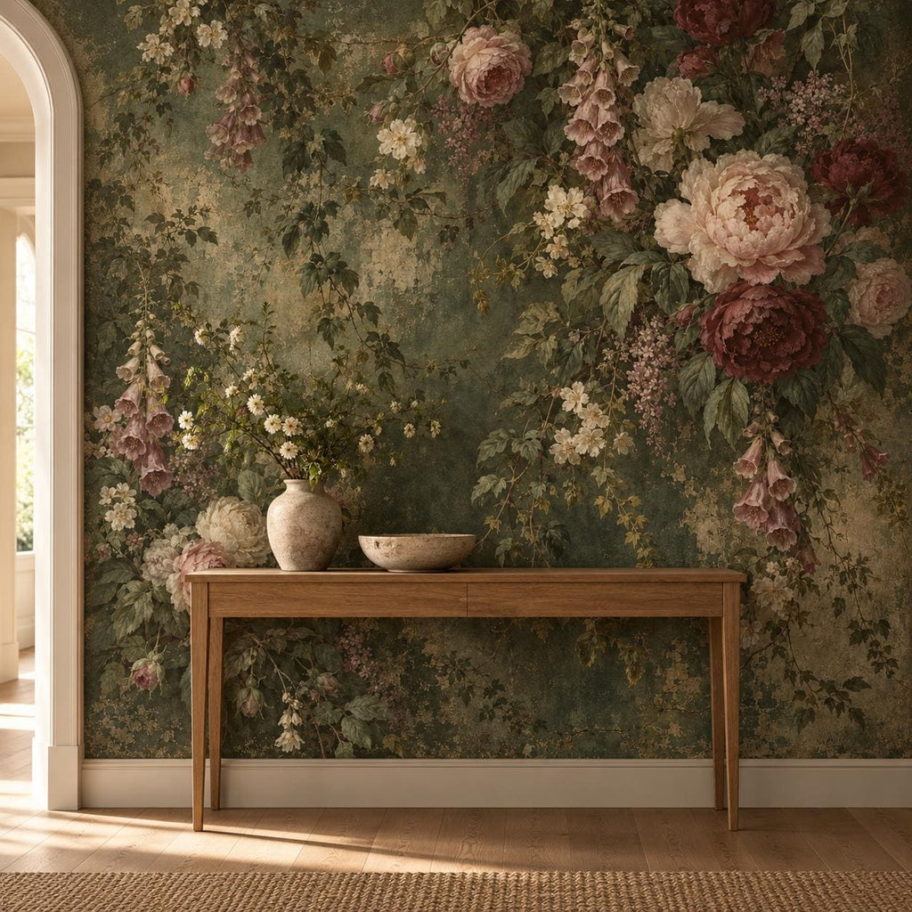 Aged Green Floral: entryway wallpaper mockup
