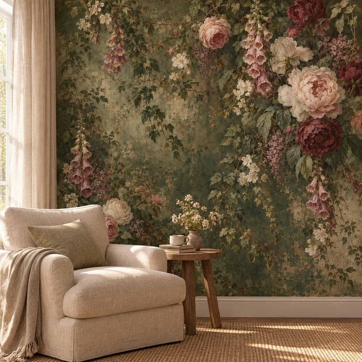 Aged Green Floral: reading nook wallpaper mockup