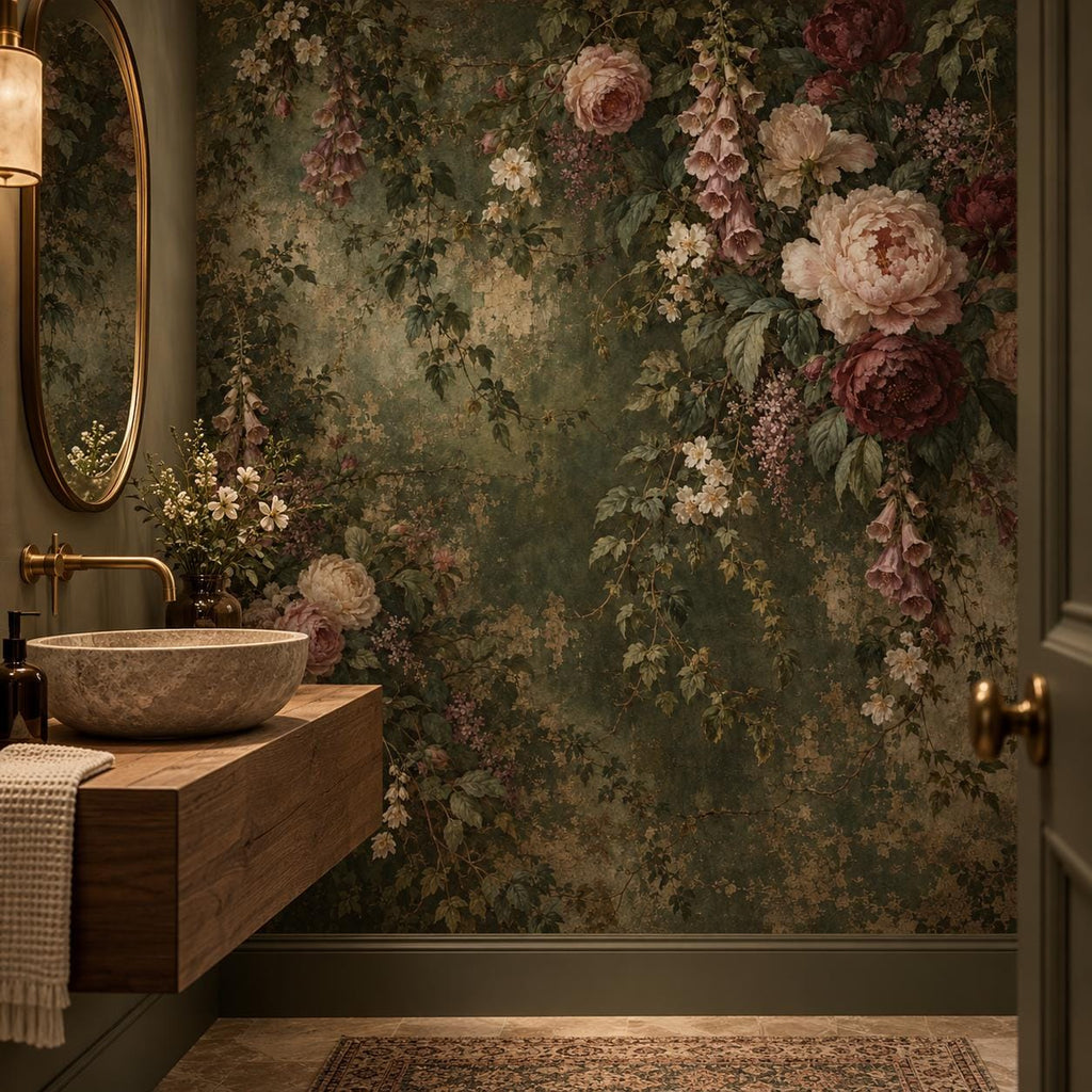 Aged Green Floral: powder room wallpaper mockup